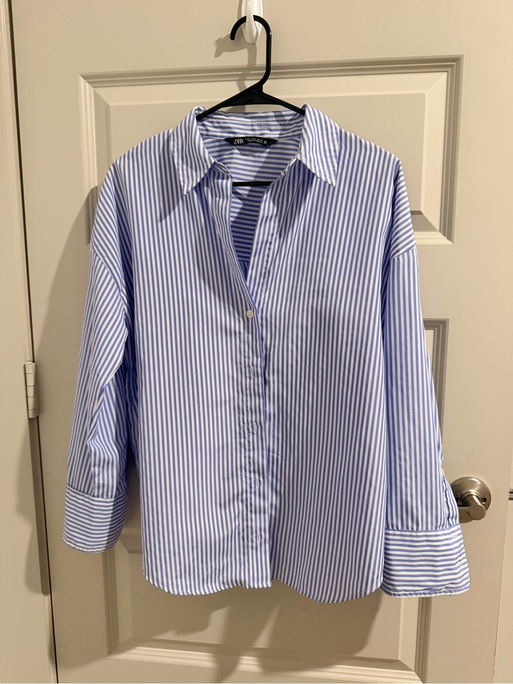 Zara women Blue and White Vertical Stripe Button-Down Shirt